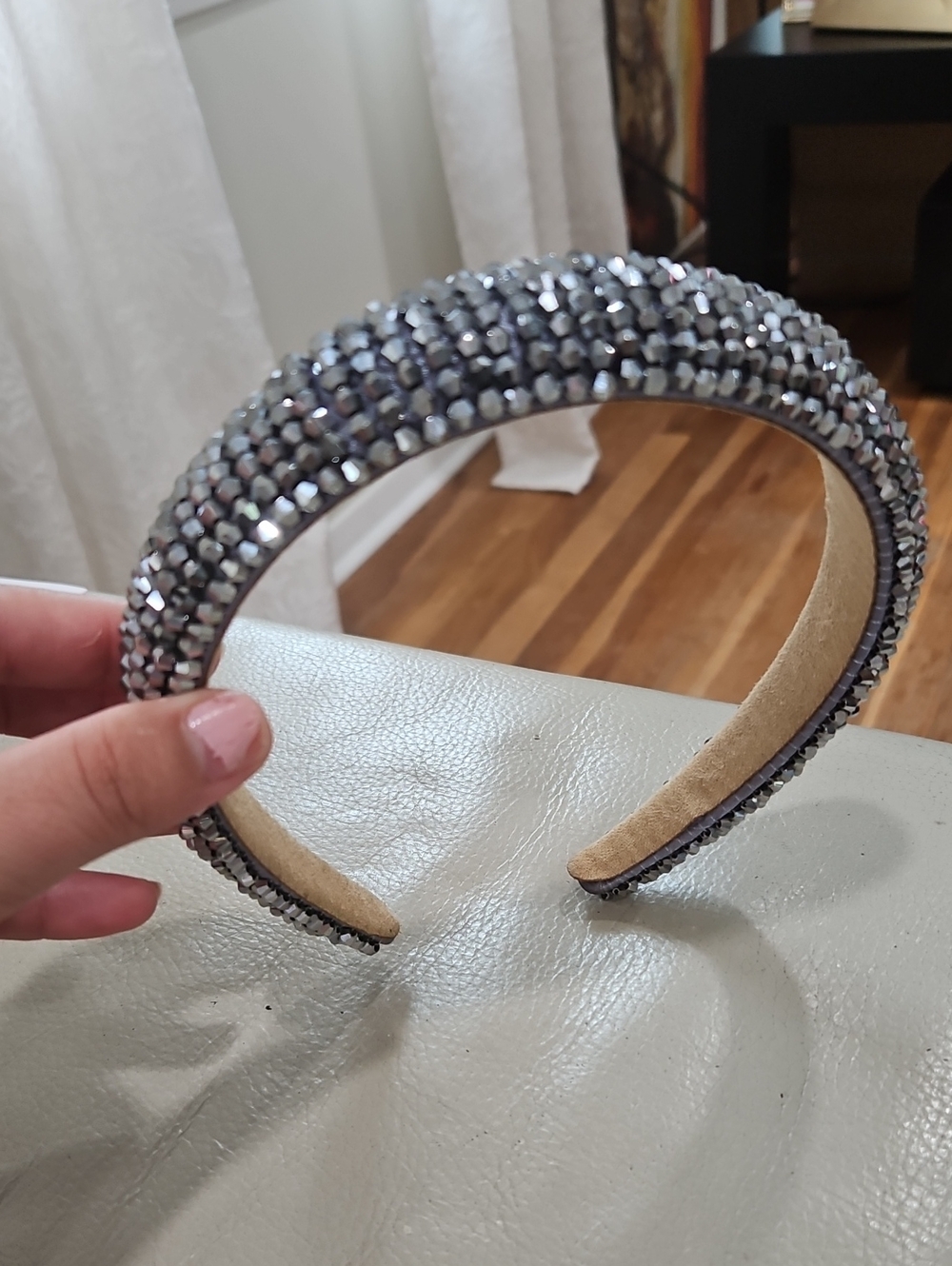 Embellished Padded Headband in Silver Tone